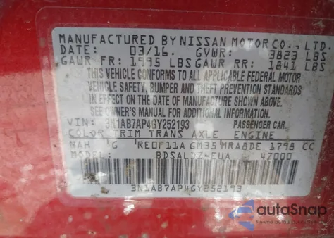 2016 Nissan Sentra Sv z USA, uszkodzony, nr VIN 3N1AB7AP4GY252193